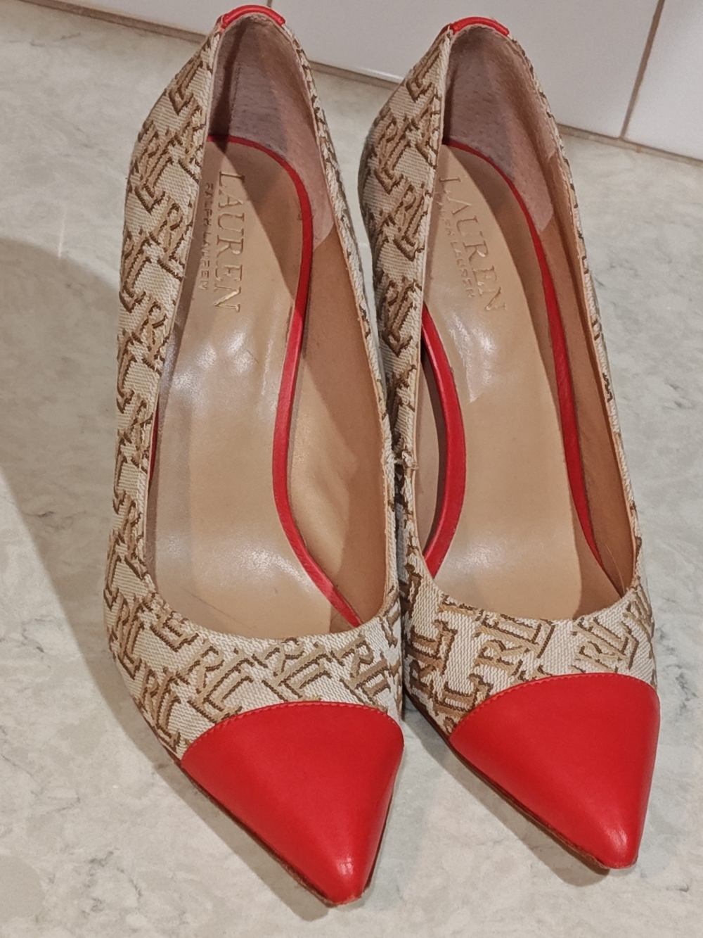 Ralph Lauren Beige Monogram Pointed-Toe Pumps with Red Cap Toe